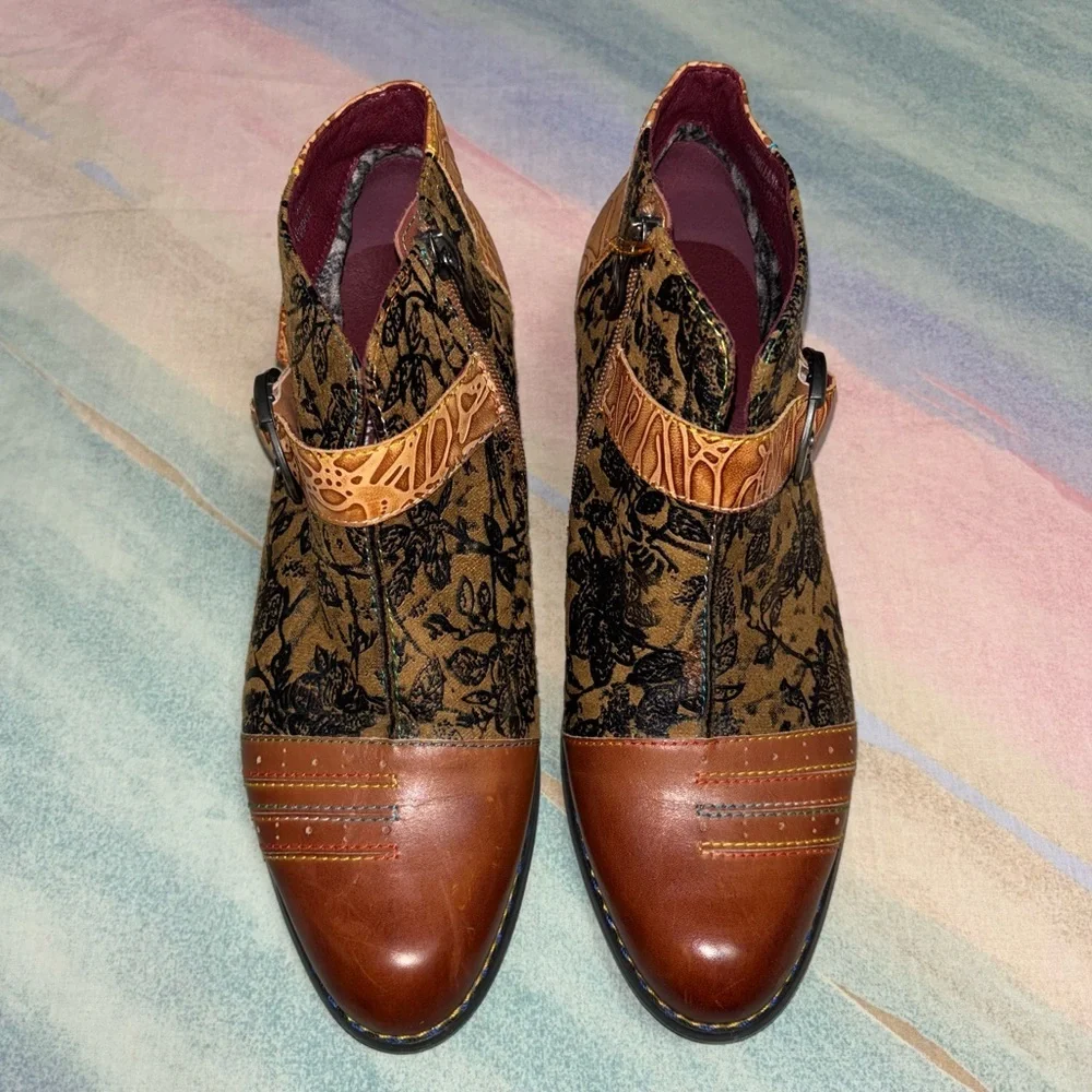 L’Artiste By Spring Step Leather Georgiana Ankle Boots: Camel Tan Brown Multi